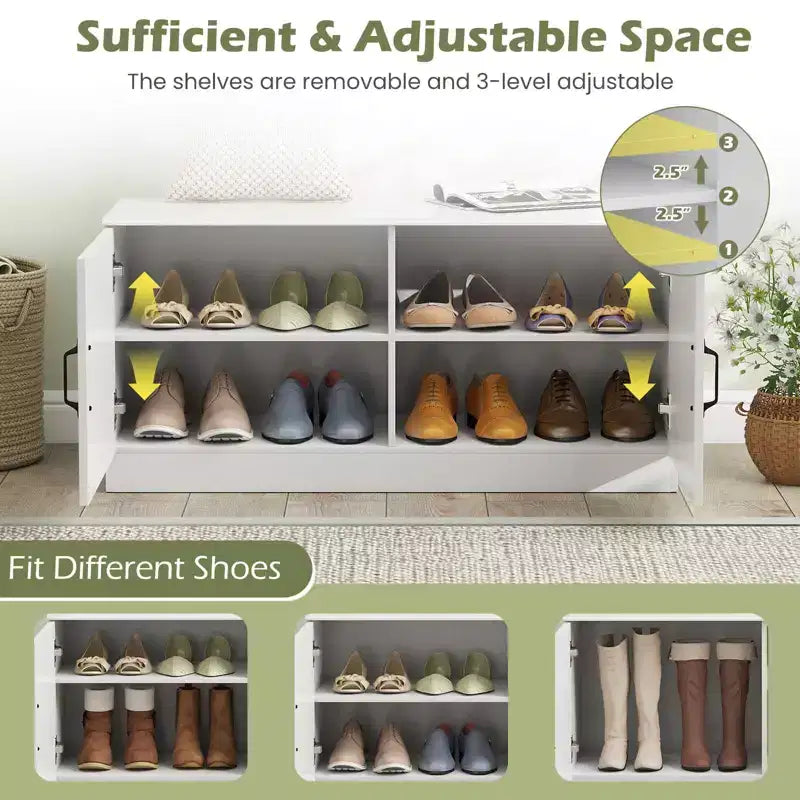 2-Door Shoe Bench wirh Adjustable Shelves Hidden Storage Space Natural + White/Whi5te