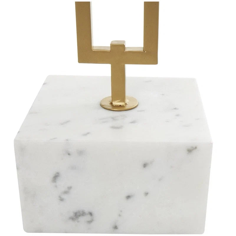 Marble Geometric Side End Accent Table with Gold Metal Rectangular Stand - White