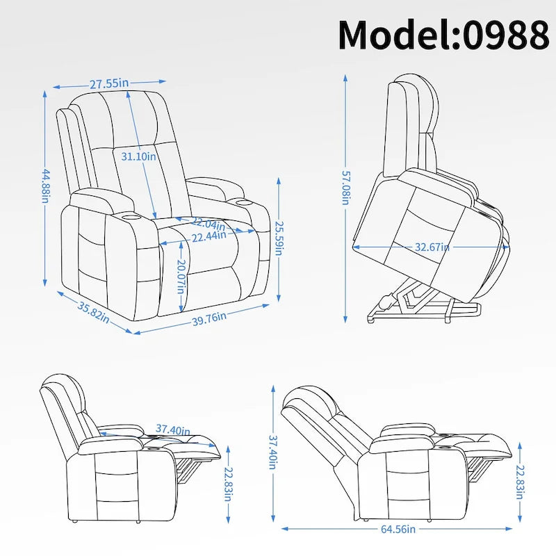 Power Lift Recliner Chair, Modern Single Motor Massage Sofa Chair with Lumbar Heating, USB Charging Port, Cup Holders