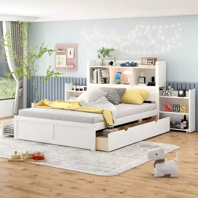 Full Storage Platform Bed with Trundle, Bookcase Headboard and Charging Station, Wooden Full Size Bed Frame with Shelves and Drawers