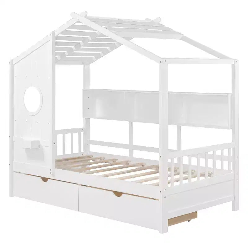 Twin/Full Size Wooden House Bed with 2 Drawers, Kids Bed with Storage Shelf - ModernLuxe