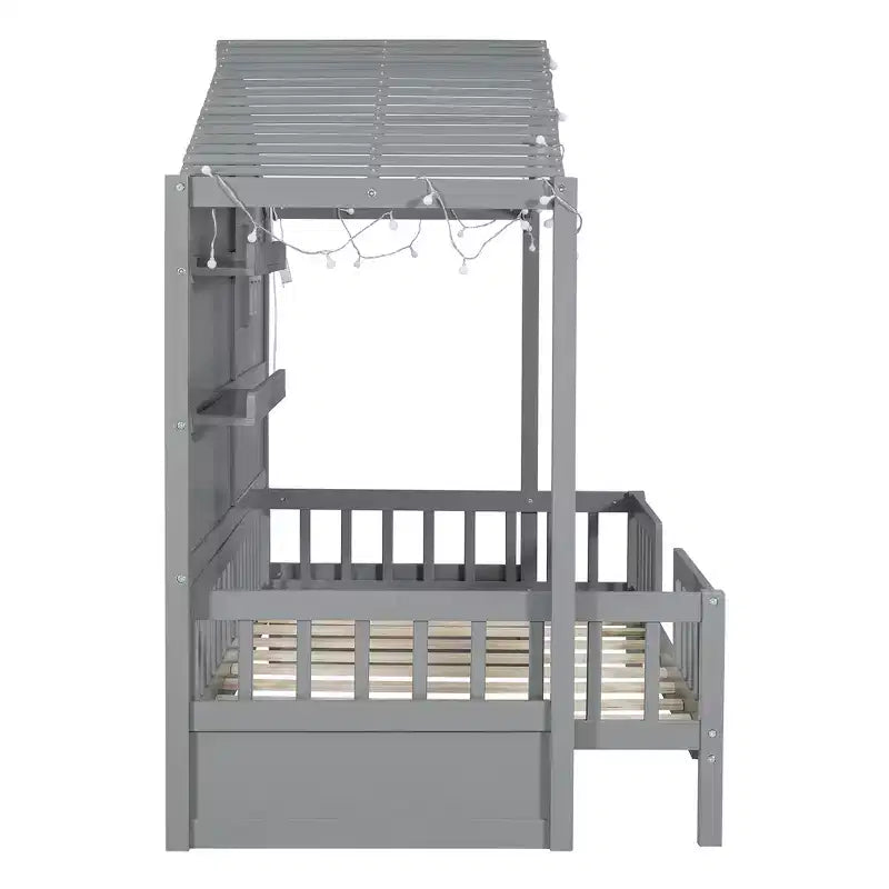 Twin Size House Bed with Storage Shelves and Rails, Wood Kids Montessori Bed Frame with Window and Sparkling Light Strip