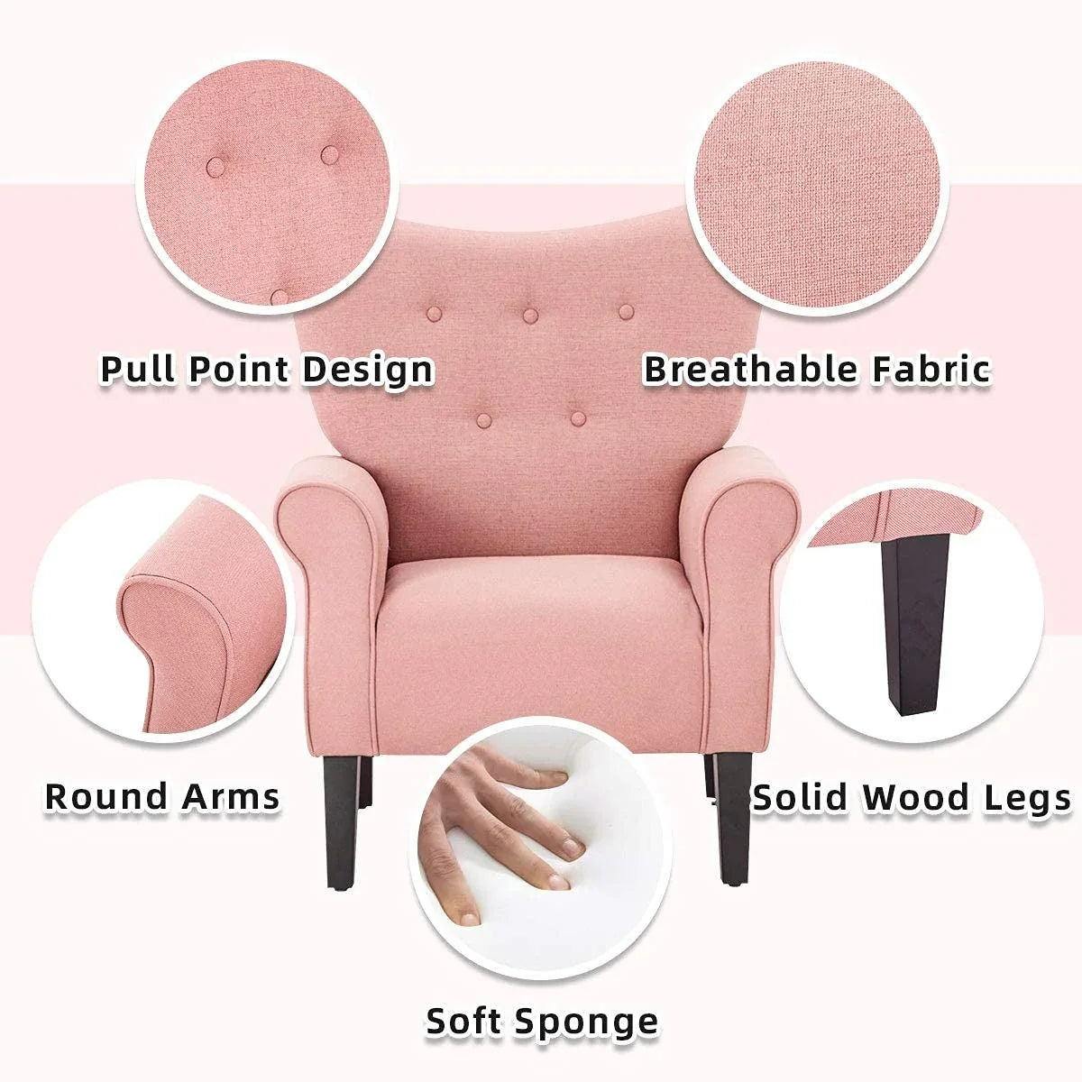 Erommy Modern Accent Chair, High Back Armchair, Upholstered Fabric Button Single Sofa with Wooden Legs for Living Room