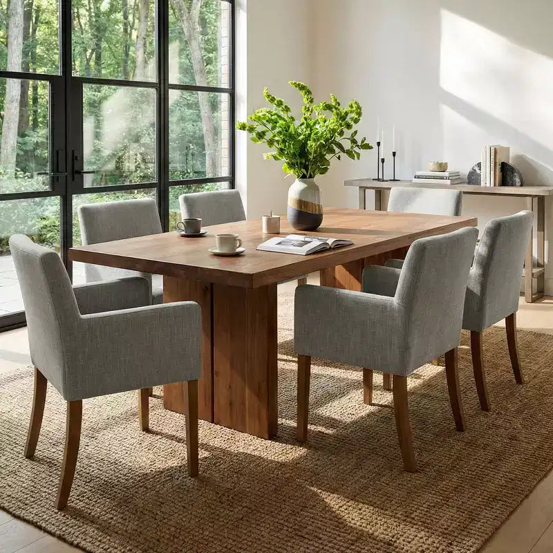 Set of 6 Upholstered Dining Chairs with Arms, Modern Linen Armchairs with Wooden Legs, Accent Chairs for Dining Room, Living Room - Panipeachy