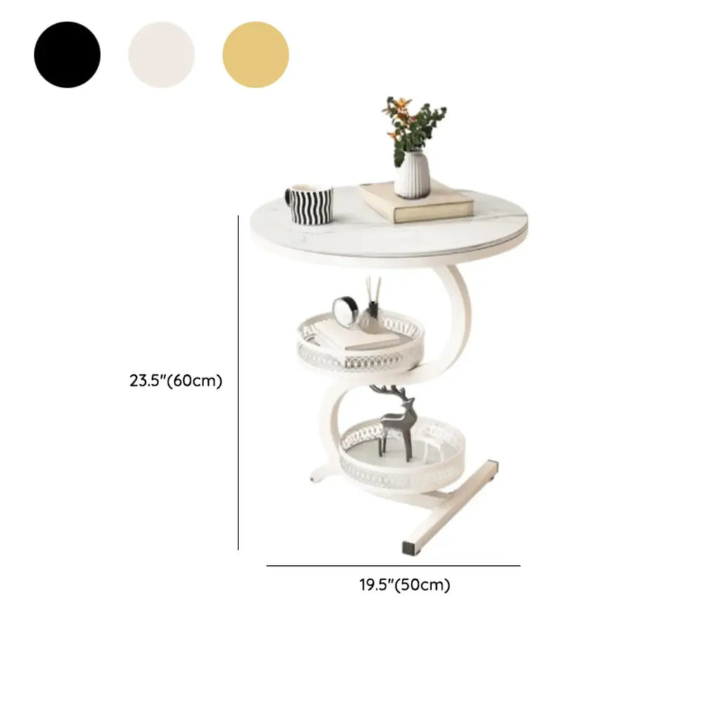 White Stone 3-Tier S-Shaped Sofa Side Table with Storage